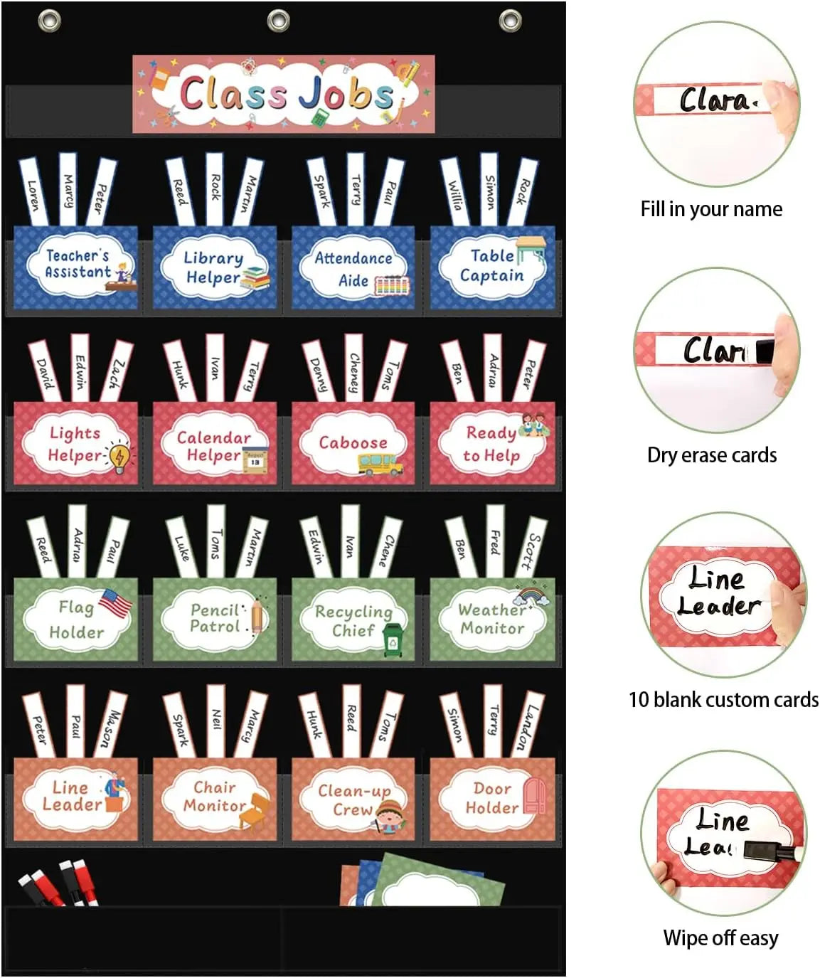 Class Jobs Pocket Chart Class Management Educational Pocket Chart with 70 Colorful Dry Erase Cards and 3 Hooks For Students