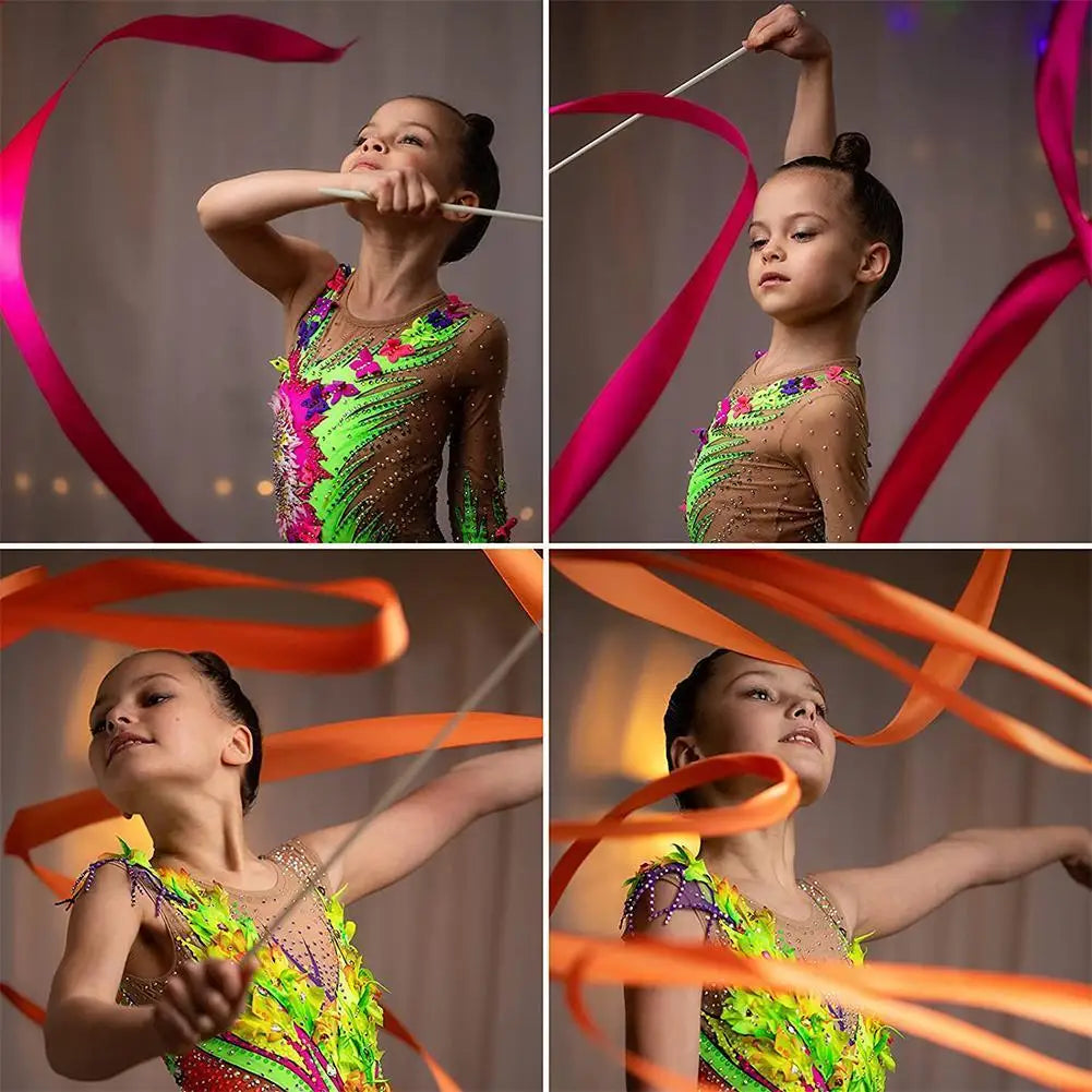 2M/4M Colorful Rythmic Gymnastics Ribbon Dance Ribbon Rhythmic Twirling Gymnastic Rod Ballet Training Streamer Art Stick W2H5