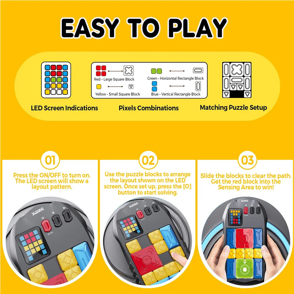 Electronic Sliding Block Puzzle with Multiple Challenges & LED Screen, Portable Educational Game for Kids to Develop Logic, and