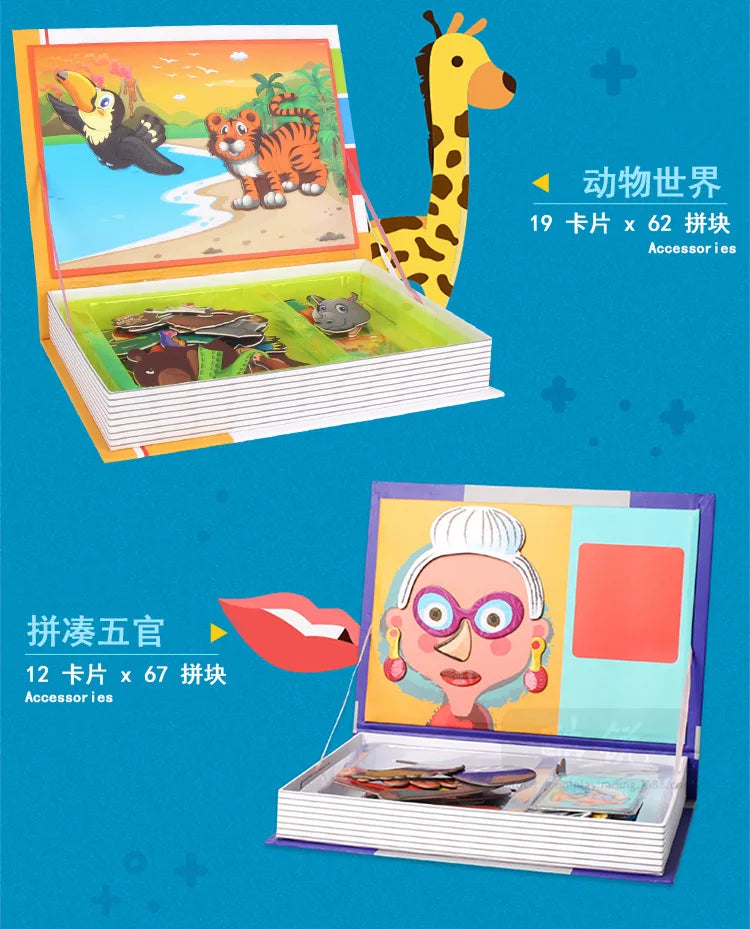 Montessori Magnetic Busy Book 3D Cartoon Puzzles Jigsaw Funny Brain Training Game Educational Learning Toys for Kids Gift Xmas