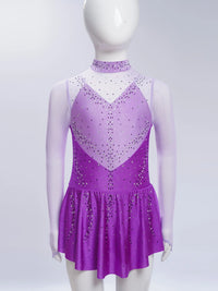 Kids Girls Figure Skating Dress Ballet Dance Artistic Gymnastics Performance Costume Long Sleeve Sheer Mesh Rhinestones Leotard