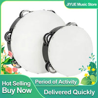 IRIN 2 Pcs Orff Tambourine 6 + 8 Inch Drums Hand-Ranked Bell Drum Double Row Sheepskin Hand-Shake Wooden Music Education Drums