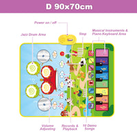90x70cm Unicorn Music Mat Kid Toddler Mat Piano Keyboard and Drum 2 in 1 Toys Dance Mat 8 Instruments Sound Educational Toys