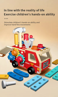 Wooden Montessori Fire Truck - Nut Screw Disassembly Assembly Tool Car, STEM Toy for Toddlers to Develop Hands-On Skills