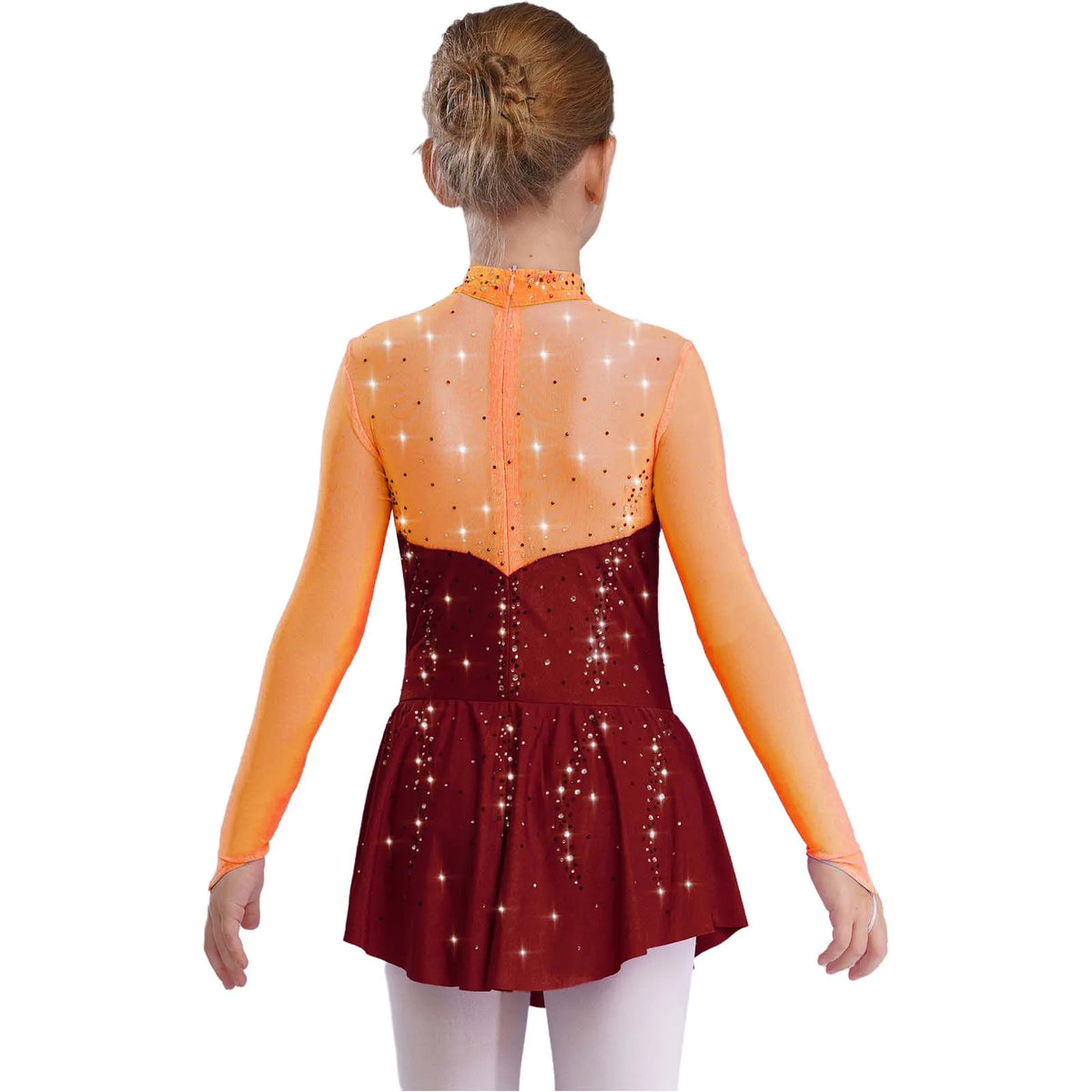 Kids Girls Figure Skating Dress Ballet Dance Artistic Gymnastics Performance Costume Long Sleeve Sheer Mesh Rhinestones Leotard