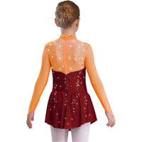 Kids Girls Figure Skating Dress Ballet Dance Artistic Gymnastics Performance Costume Long Sleeve Sheer Mesh Rhinestones Leotard