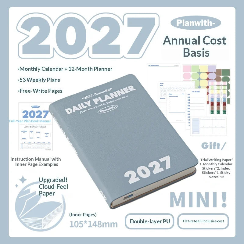 Planwith 2027 Weekly Planner A6 8-Grid Layout Hardcover Agenda Annual Tracker Month Plan Lunar Date Organizer for Adult Student