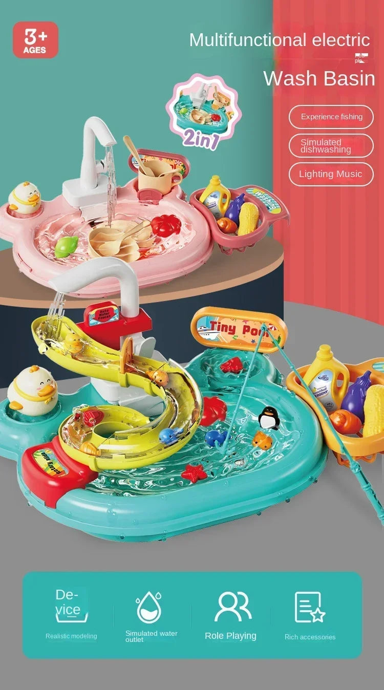 Children Puzzle Pretend Play Toys Dishwashing Basin Toys Gift Kitchen Interactive Toys 2-in-1 Slide Fishing Montessori Toy Gift
