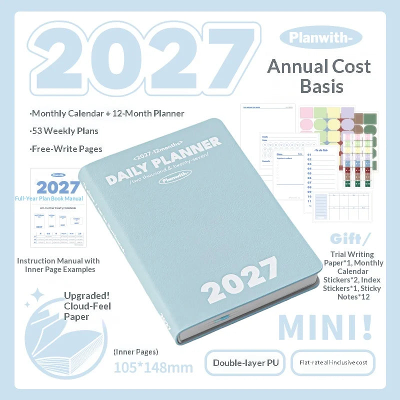 Planwith 2027 Weekly Planner A6 8-Grid Layout Hardcover Agenda Annual Tracker Month Plan Lunar Date Organizer for Adult Student