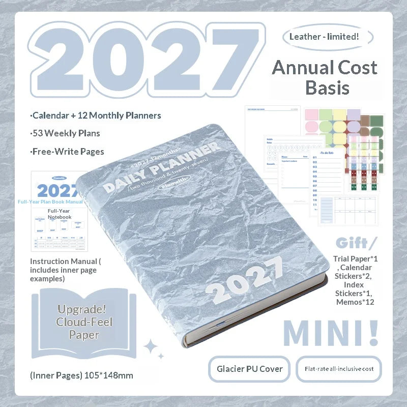 Planwith 2027 Weekly Planner A6 8-Grid Layout Hardcover Agenda Annual Tracker Month Plan Lunar Date Organizer for Adult Student