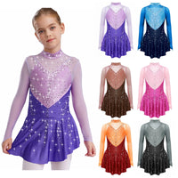Kids Girls Figure Skating Dress Ballet Dance Artistic Gymnastics Performance Costume Long Sleeve Sheer Mesh Rhinestones Leotard