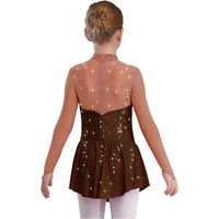 Kids Girls Figure Skating Dress Ballet Dance Artistic Gymnastics Performance Costume Long Sleeve Sheer Mesh Rhinestones Leotard