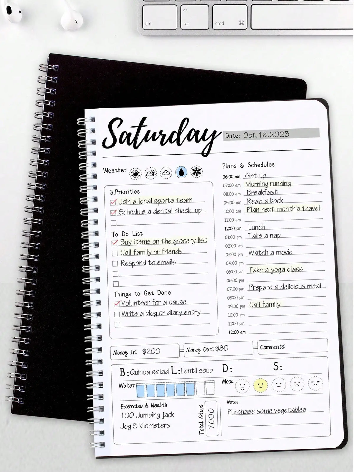 Daily Planner Notebook Spiral Bound Weekly & Daily Schedule to Do List Mood Water Intake Budget Journal