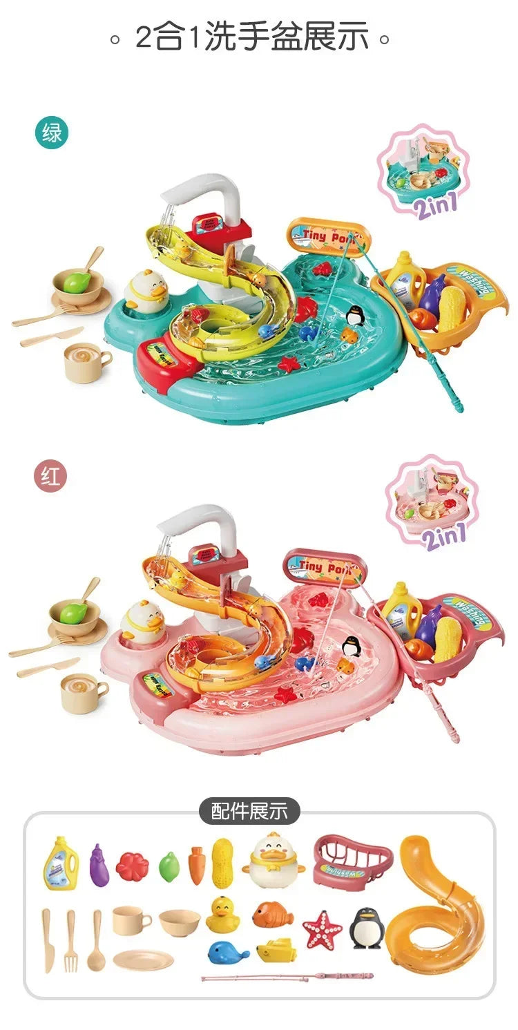 Children Puzzle Pretend Play Toys Dishwashing Basin Toys Gift Kitchen Interactive Toys 2-in-1 Slide Fishing Montessori Toy Gift