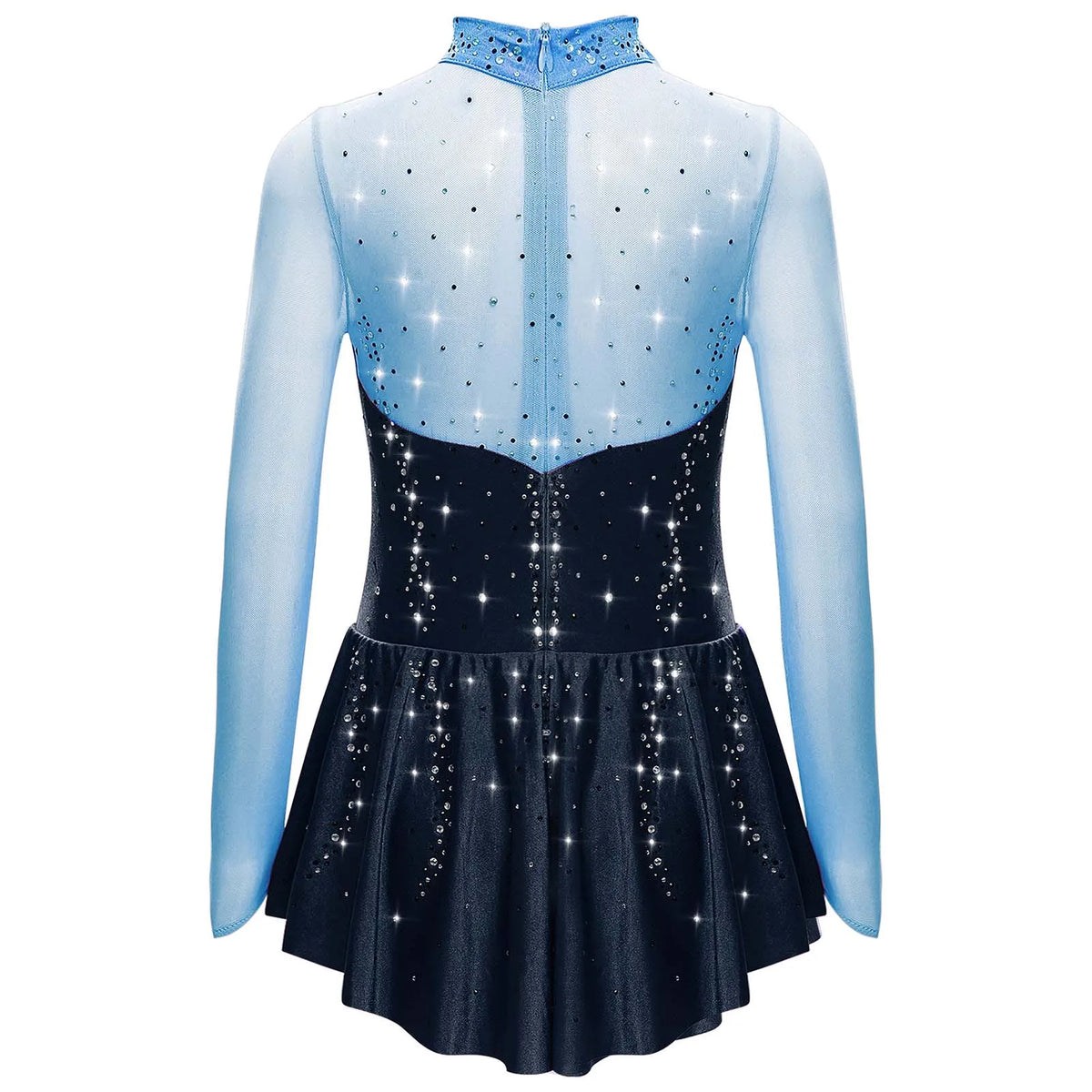 Kids Girls Figure Skating Dress Ballet Dance Artistic Gymnastics Performance Costume Long Sleeve Sheer Mesh Rhinestones Leotard