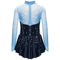 Kids Girls Figure Skating Dress Ballet Dance Artistic Gymnastics Performance Costume Long Sleeve Sheer Mesh Rhinestones Leotard