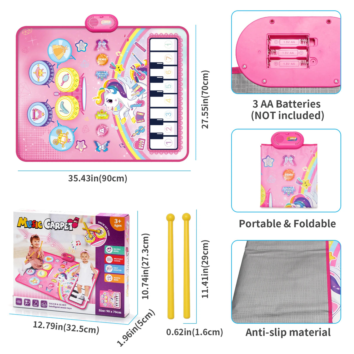 90x70cm Unicorn Music Mat Kid Toddler Mat Piano Keyboard and Drum 2 in 1 Toys Dance Mat 8 Instruments Sound Educational Toys