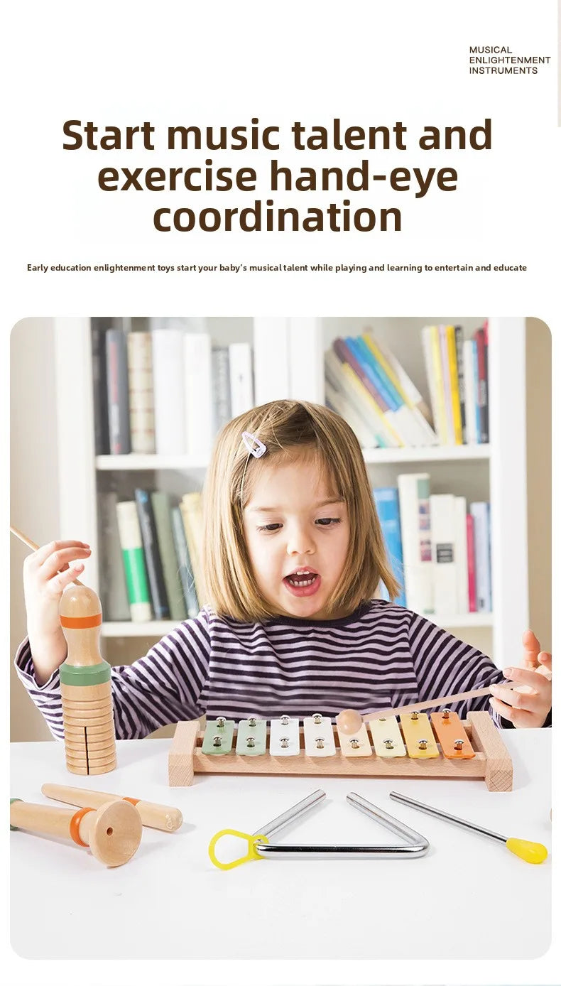 Montessori 6-in-1 Wooden Percussion Set - Music Discovery Kit for Toddlers 1-3 | Xylophone, Shakers, Sensory Toys & Gift