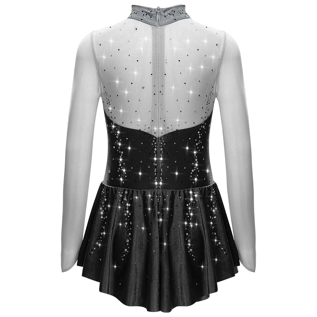 Kids Girls Figure Skating Dress Ballet Dance Artistic Gymnastics Performance Costume Long Sleeve Sheer Mesh Rhinestones Leotard