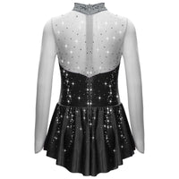 Kids Girls Figure Skating Dress Ballet Dance Artistic Gymnastics Performance Costume Long Sleeve Sheer Mesh Rhinestones Leotard