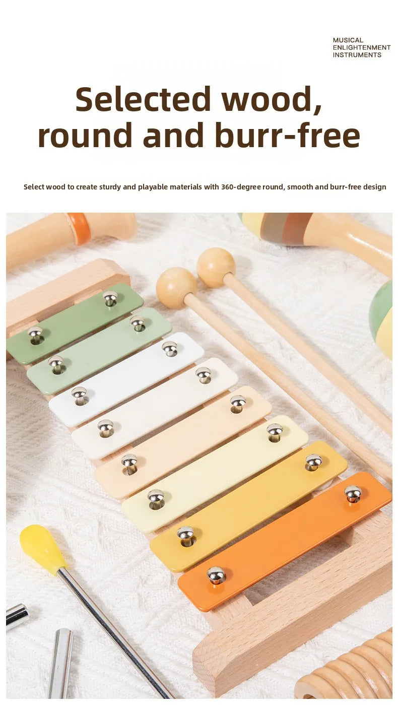 Montessori 6-in-1 Wooden Percussion Set - Music Discovery Kit for Toddlers 1-3 | Xylophone, Shakers, Sensory Toys & Gift