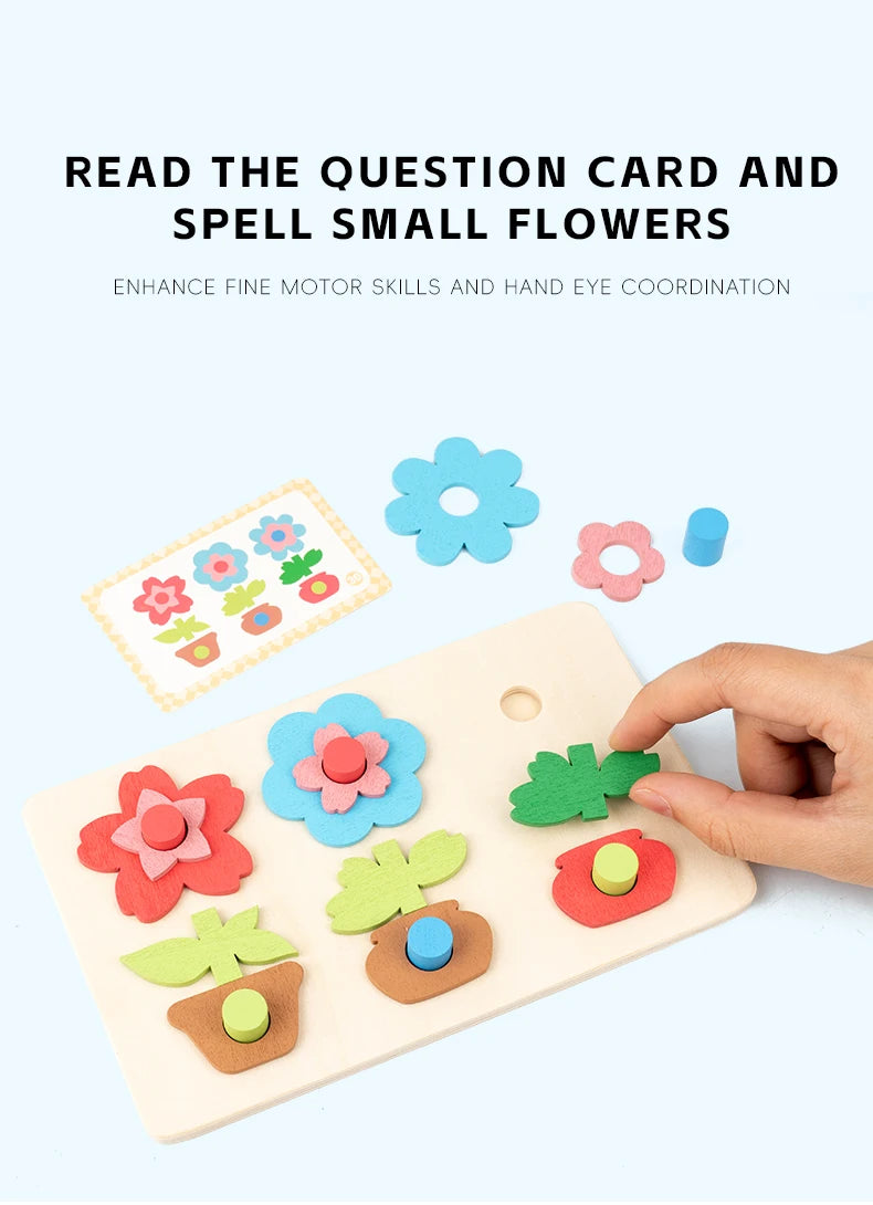 Montessori DIY Wooden Flower Puzzle Board Game With Cards Shape Color Cognition & Matching Geometric Educational Toy For Kids