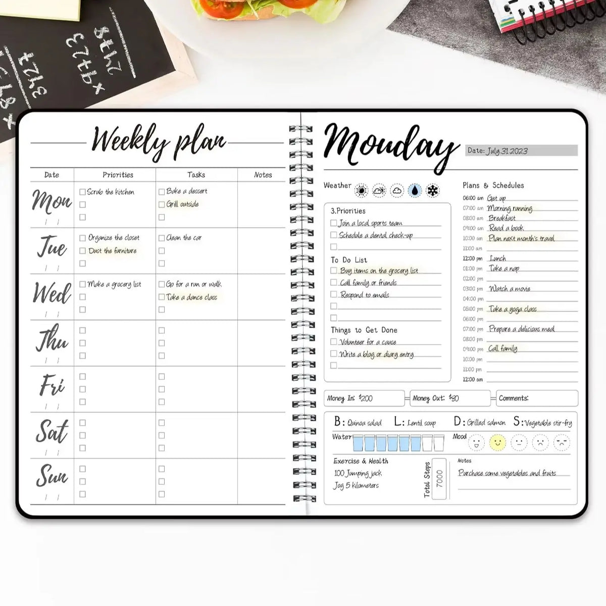 Daily Planner Notebook Spiral Bound Weekly & Daily Schedule to Do List Mood Water Intake Budget Journal