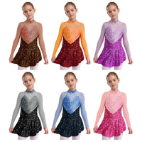 Kids Girls Figure Skating Dress Ballet Dance Artistic Gymnastics Performance Costume Long Sleeve Sheer Mesh Rhinestones Leotard