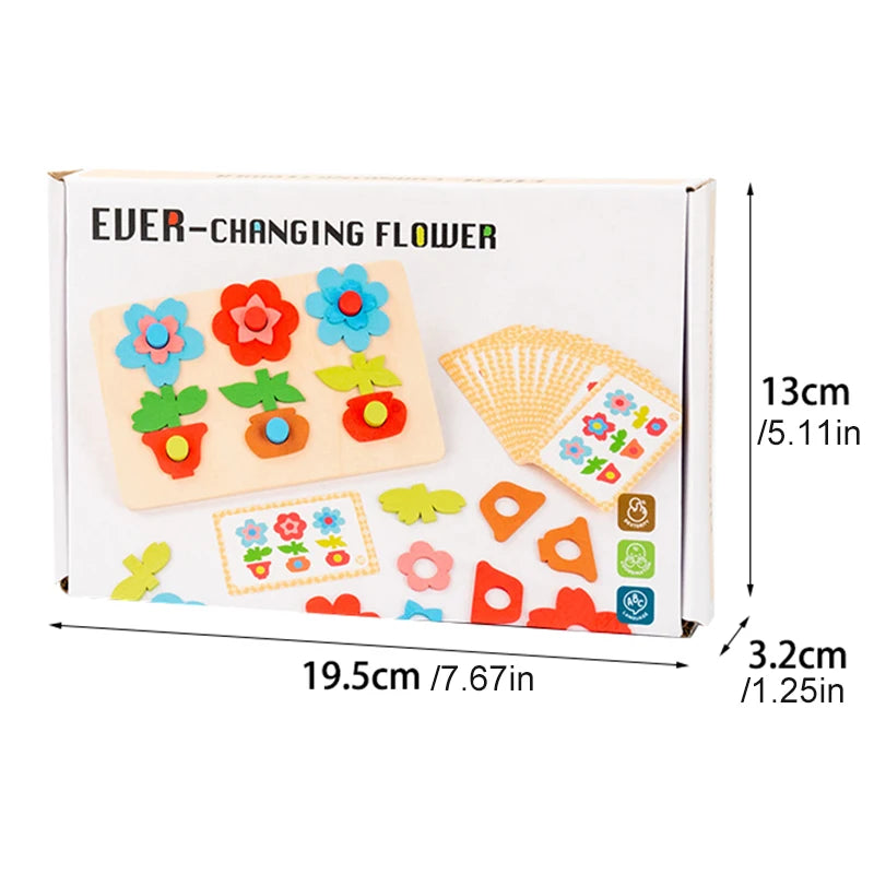Montessori DIY Wooden Flower Puzzle Board Game With Cards Shape Color Cognition & Matching Geometric Educational Toy For Kids