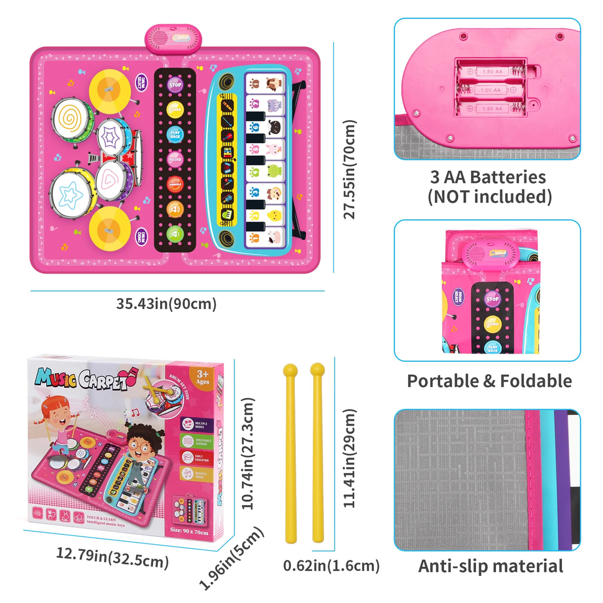 90x70cm Unicorn Music Mat Kid Toddler Mat Piano Keyboard and Drum 2 in 1 Toys Dance Mat 8 Instruments Sound Educational Toys