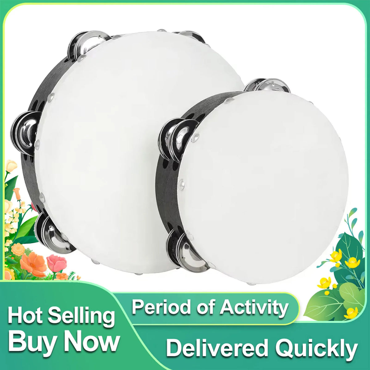 IRIN 2 Pcs Orff Tambourine 6 + 8 Inch Drums Hand-Ranked Bell Drum Double Row Sheepskin Hand-Shake Wooden Music Education Drums