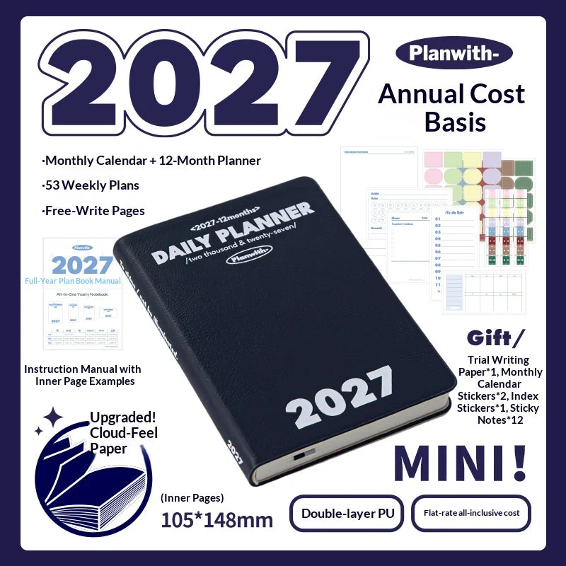 Planwith 2027 Weekly Planner A6 8-Grid Layout Hardcover Agenda Annual Tracker Month Plan Lunar Date Organizer for Adult Student