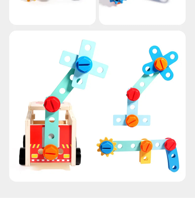 Wooden Montessori Fire Truck - Nut Screw Disassembly Assembly Tool Car, STEM Toy for Toddlers to Develop Hands-On Skills