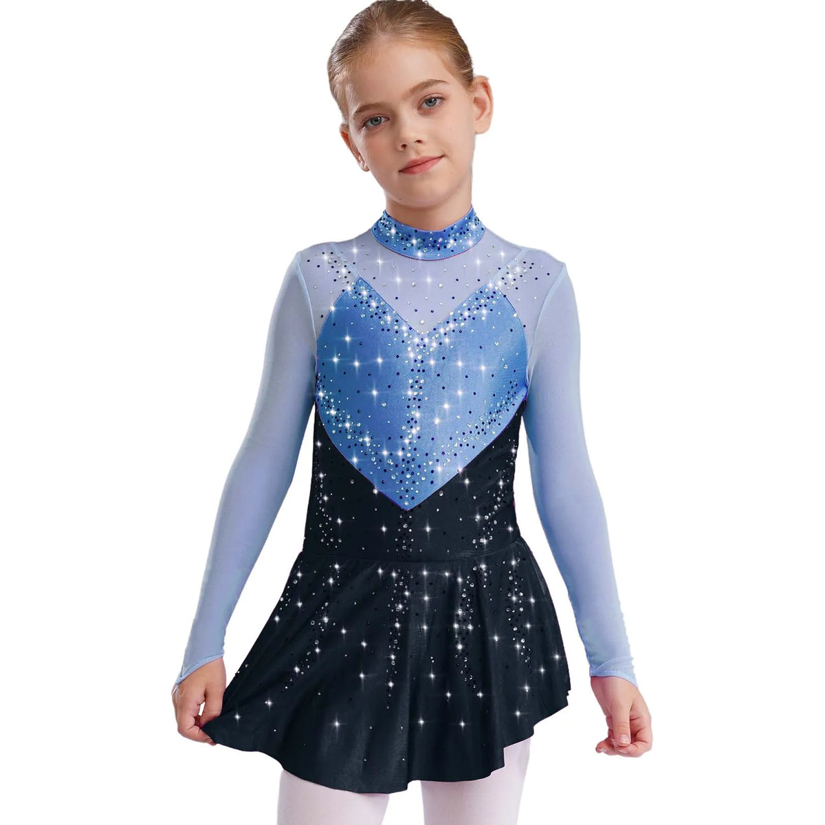 Kids Girls Figure Skating Dress Ballet Dance Artistic Gymnastics Performance Costume Long Sleeve Sheer Mesh Rhinestones Leotard