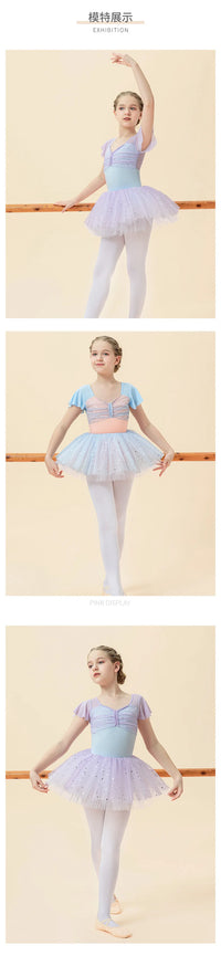 Girls Ballet Dance Dress Kids Child Short Sleeve Stitching V-neck Gymnastics Pink Leotard Practice Professional Stage Dance Wear