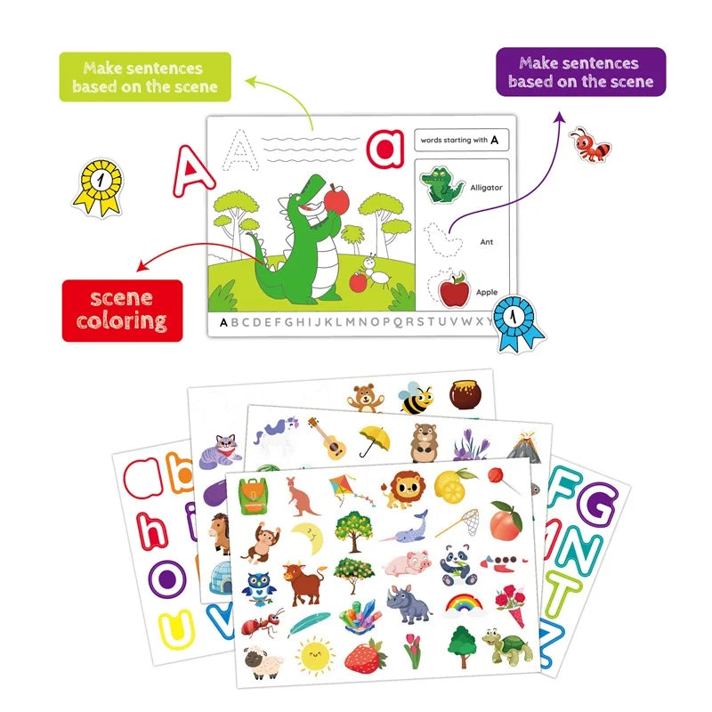Alphabet Practice Workbook For Kids Handwriting Tracing Picture Book with Stickers Pen Control Training Coloring Book