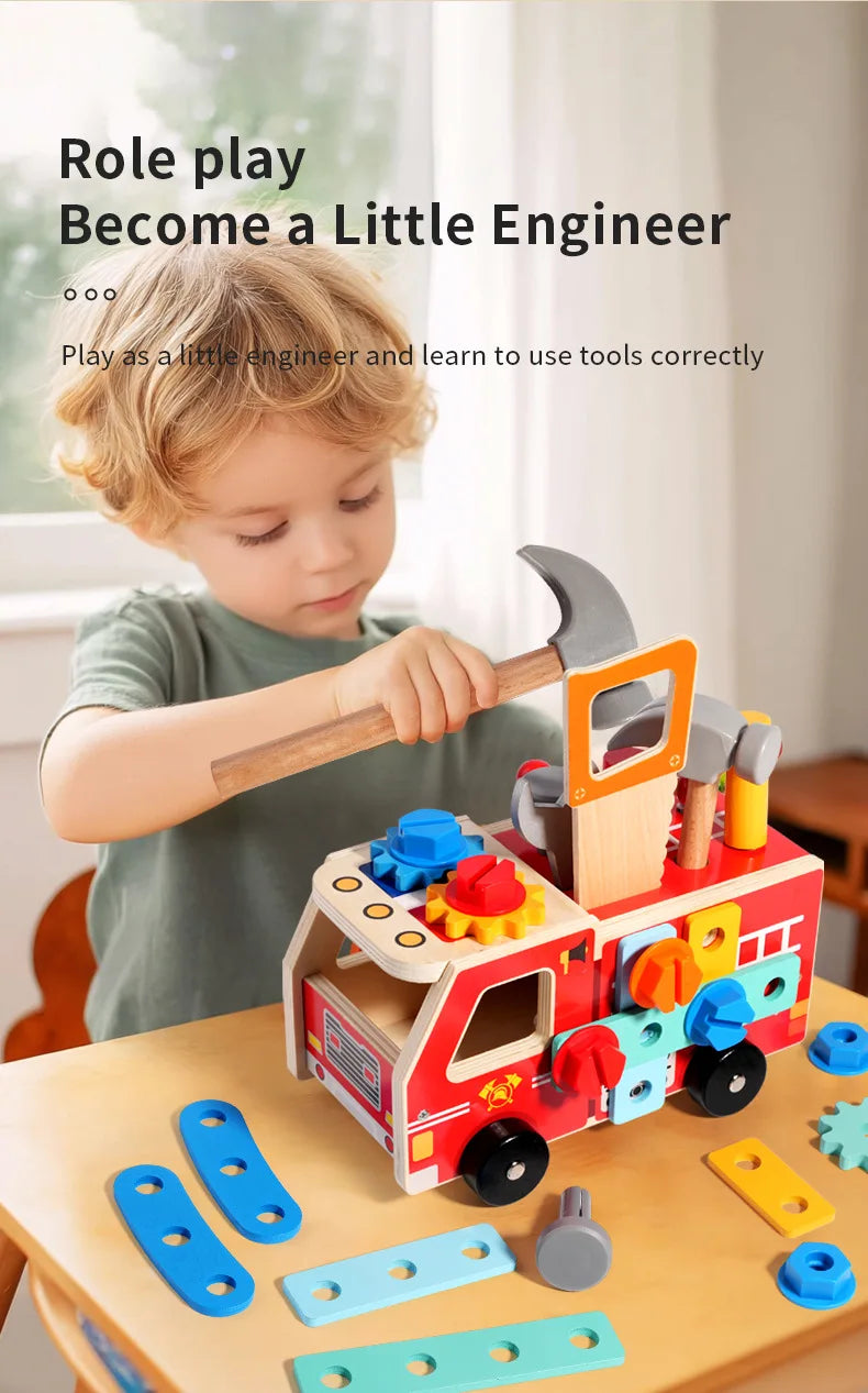 Wooden Montessori Fire Truck - Nut Screw Disassembly Assembly Tool Car, STEM Toy for Toddlers to Develop Hands-On Skills