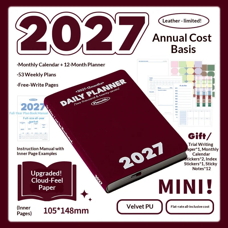 Planwith 2027 Weekly Planner A6 8-Grid Layout Hardcover Agenda Annual Tracker Month Plan Lunar Date Organizer for Adult Student