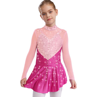 Kids Girls Figure Skating Dress Ballet Dance Artistic Gymnastics Performance Costume Long Sleeve Sheer Mesh Rhinestones Leotard