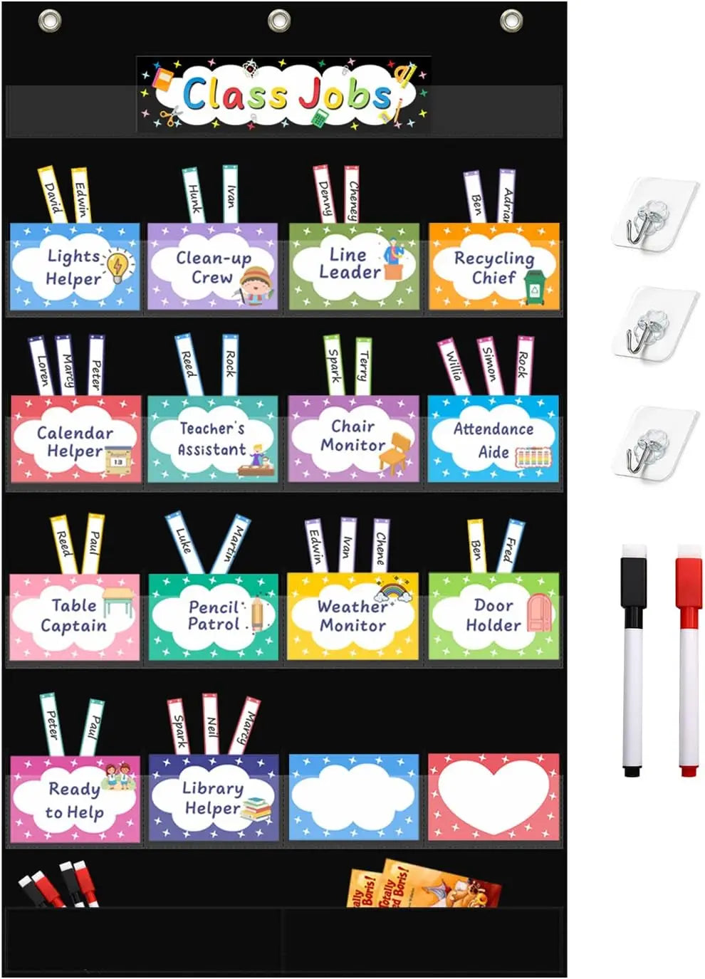 Class Jobs Pocket Chart Class Management Educational Pocket Chart with 70 Colorful Dry Erase Cards and 3 Hooks For Students