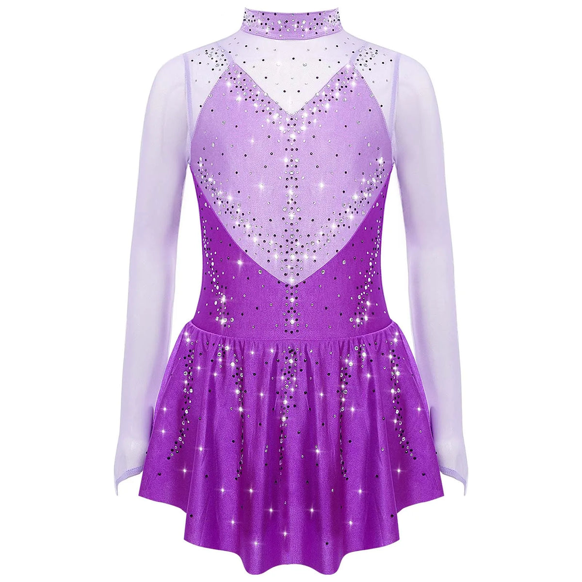 Kids Girls Figure Skating Dress Ballet Dance Artistic Gymnastics Performance Costume Long Sleeve Sheer Mesh Rhinestones Leotard