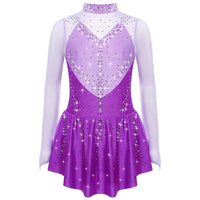 Kids Girls Figure Skating Dress Ballet Dance Artistic Gymnastics Performance Costume Long Sleeve Sheer Mesh Rhinestones Leotard