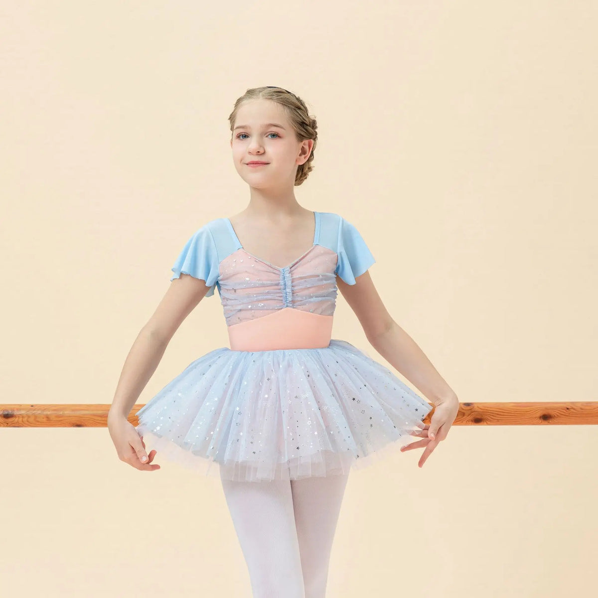 Girls Ballet Dance Dress Kids Child Short Sleeve Stitching V-neck Gymnastics Pink Leotard Practice Professional Stage Dance Wear