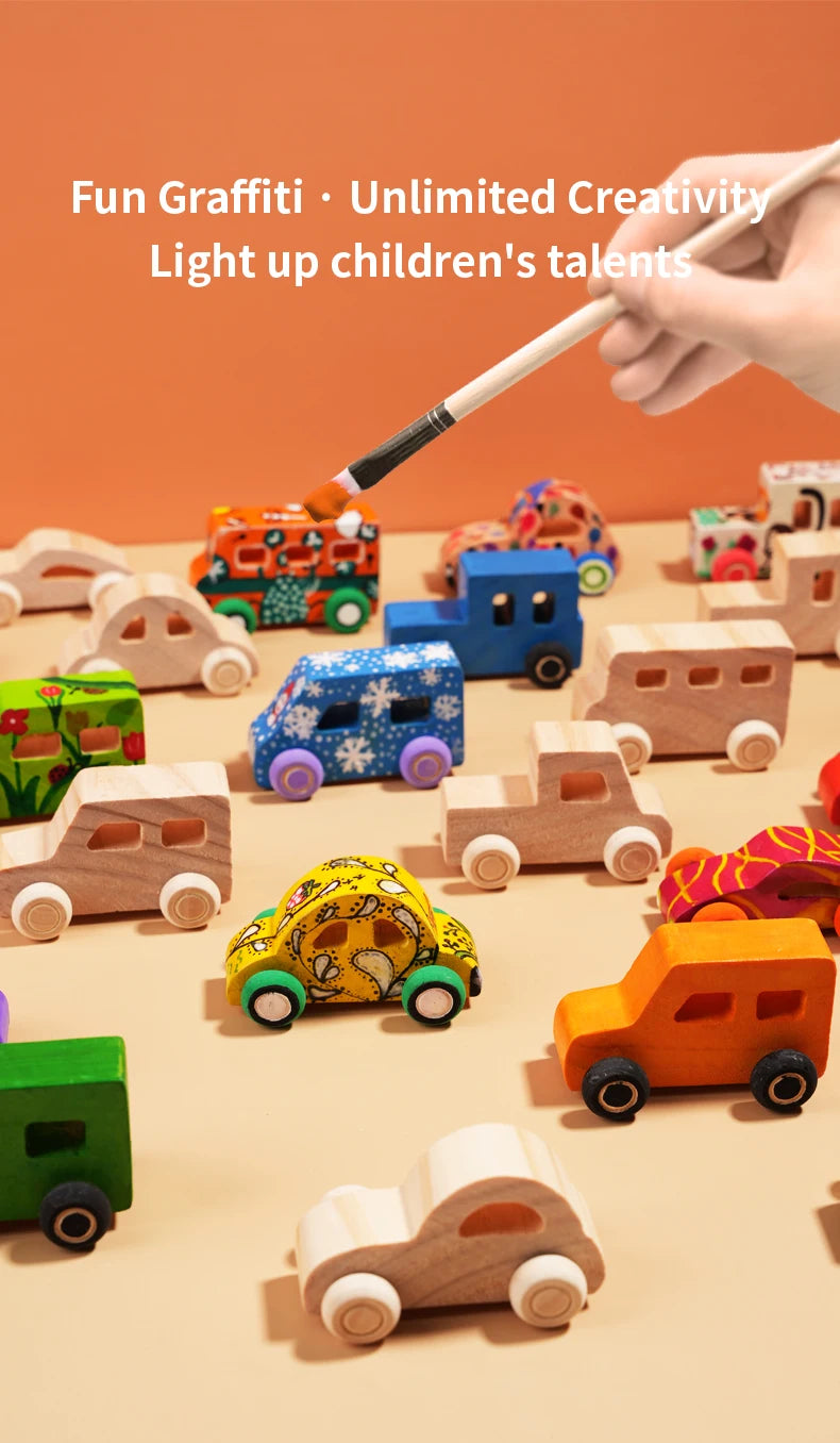 DIY handmade wooden graffiti car, children's colorful painting and coloring model, toy, three-dimensional coloring building bloc