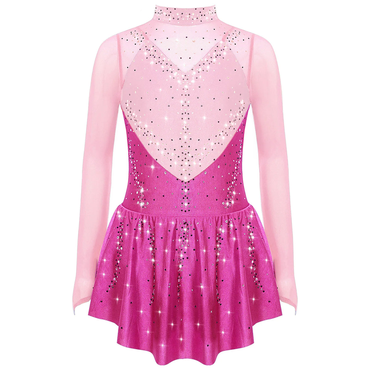 Kids Girls Figure Skating Dress Ballet Dance Artistic Gymnastics Performance Costume Long Sleeve Sheer Mesh Rhinestones Leotard
