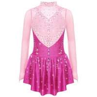 Kids Girls Figure Skating Dress Ballet Dance Artistic Gymnastics Performance Costume Long Sleeve Sheer Mesh Rhinestones Leotard