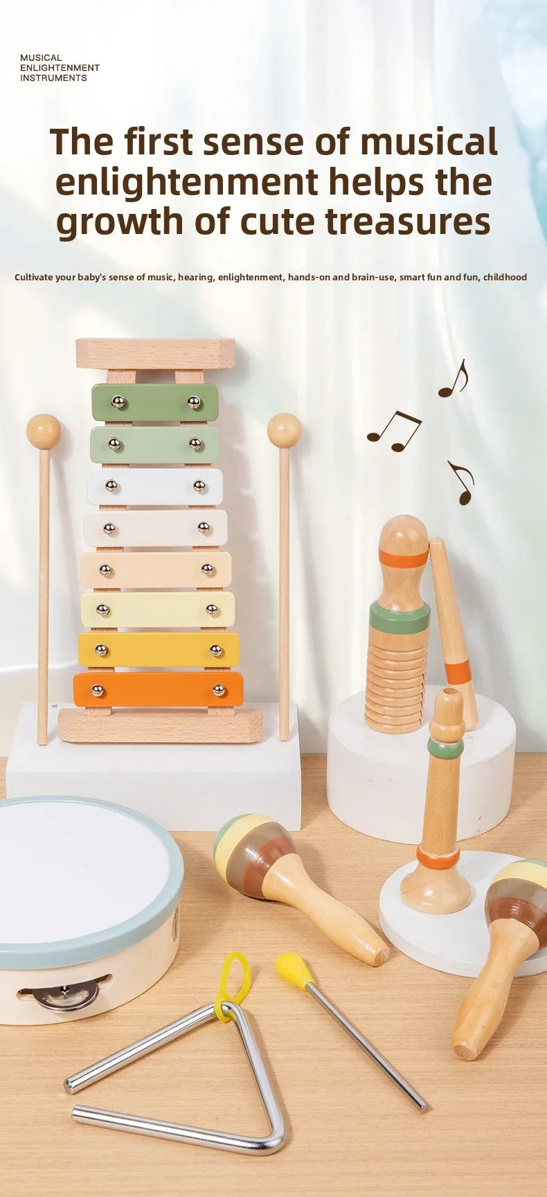 Montessori 6-in-1 Wooden Percussion Set - Music Discovery Kit for Toddlers 1-3 | Xylophone, Shakers, Sensory Toys & Gift