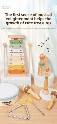 Montessori 6-in-1 Wooden Percussion Set - Music Discovery Kit for Toddlers 1-3 | Xylophone, Shakers, Sensory Toys & Gift