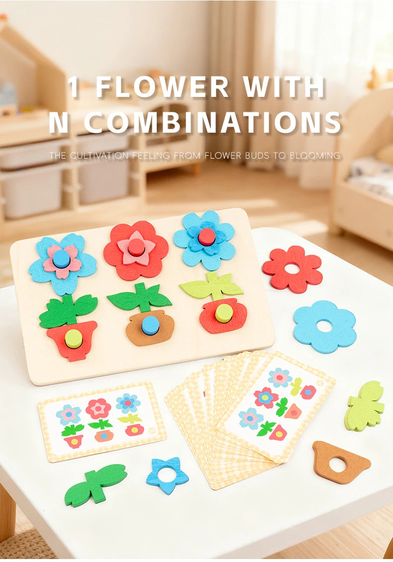 Montessori DIY Wooden Flower Puzzle Board Game With Cards Shape Color Cognition & Matching Geometric Educational Toy For Kids