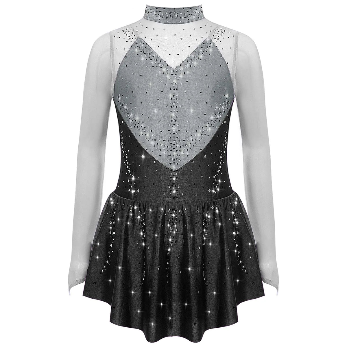 Kids Girls Figure Skating Dress Ballet Dance Artistic Gymnastics Performance Costume Long Sleeve Sheer Mesh Rhinestones Leotard
